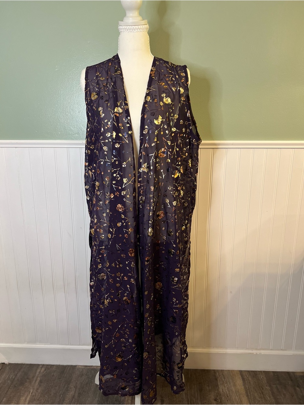 LuLaRoe Loose Fit Long Plum Vest with Metallic Floral Accents. Size L